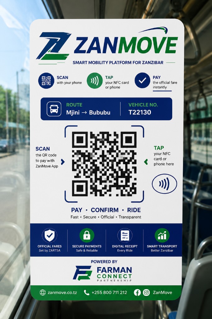 ZanMove pay sticker with QR and Tap NFC inside a daladala